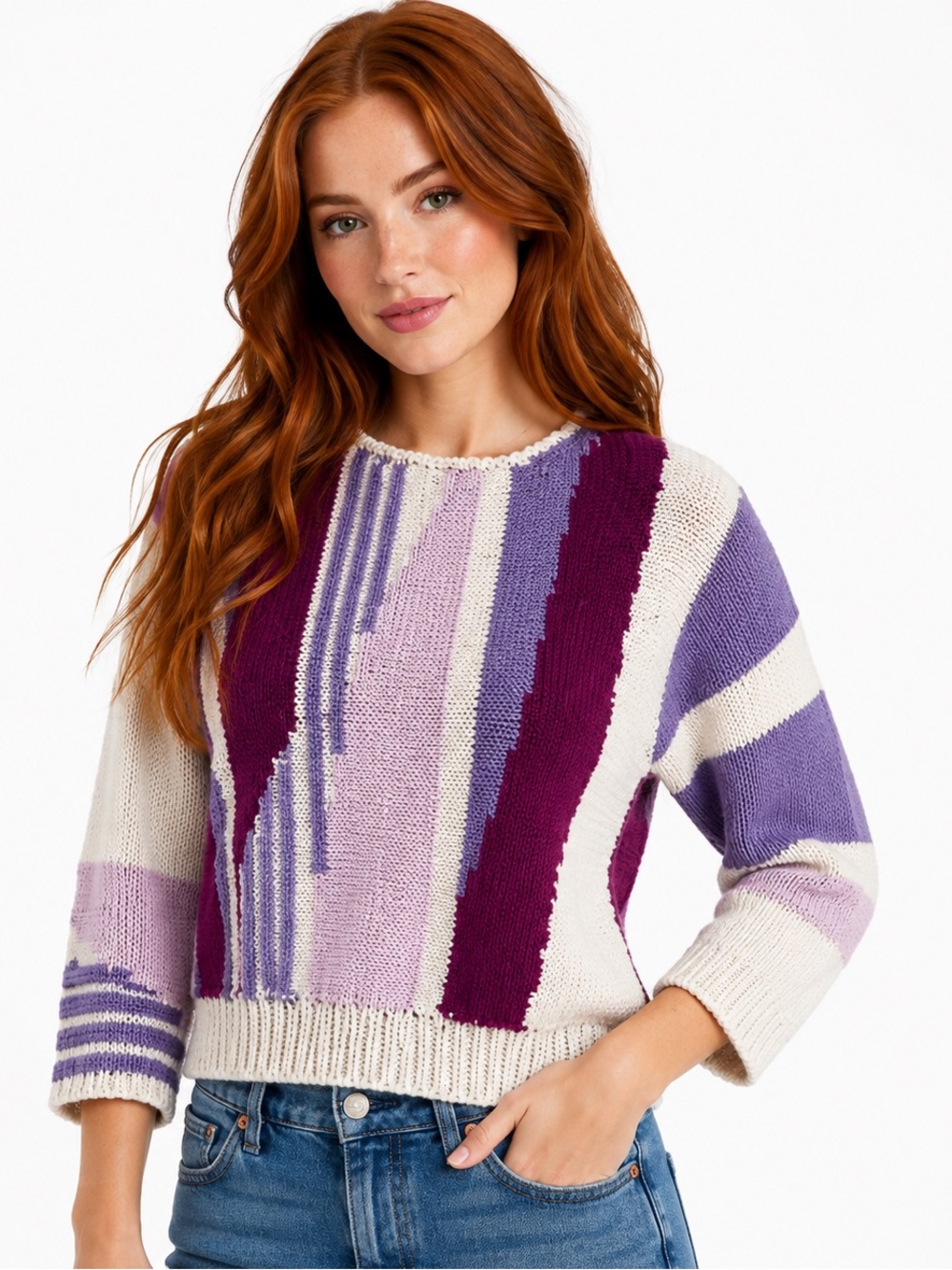 Vintage Celli Italy Cotton Knit Sweater Purple Pink Colorblock Sz 1 /Small